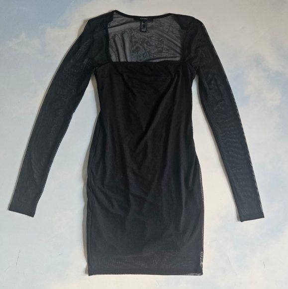 Sheer Black Long Sleeve Dress Mesh Bodycon Black Mini Dress LBD Cocktail Dress - Picture 3 of 13